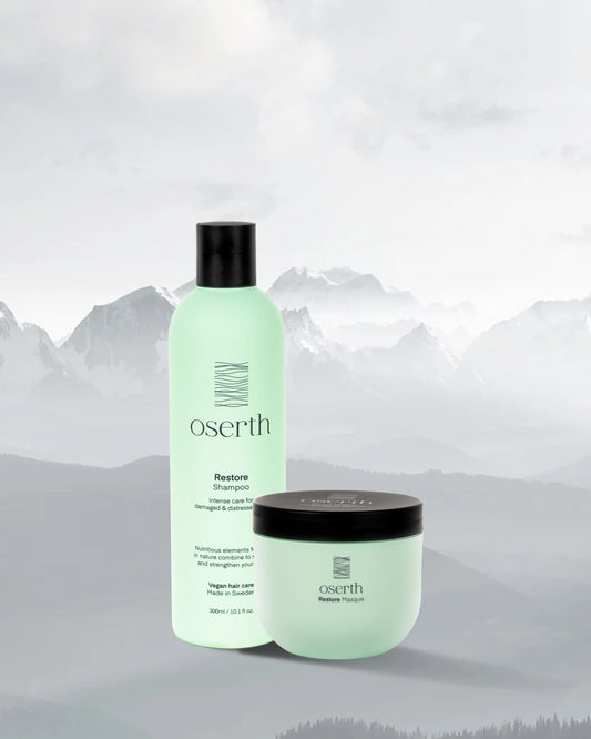 Oserth Restore Collection – Repair and rejuvenate damaged hair with vegan, sustainable products infused with nourishing natural ingredients.