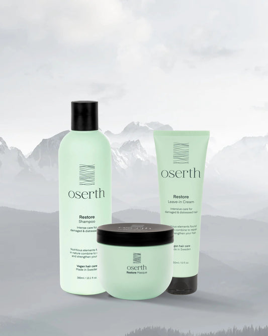 Oserth Restore Collection – Repair and rejuvenate damaged hair with vegan, sustainable products infused with nourishing natural ingredients.